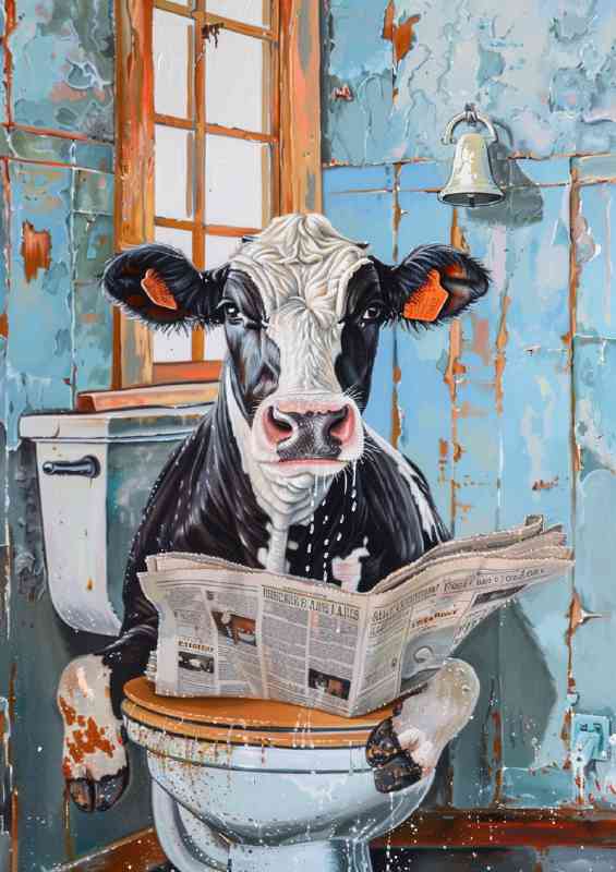 cow sitting on the toilet reading paper