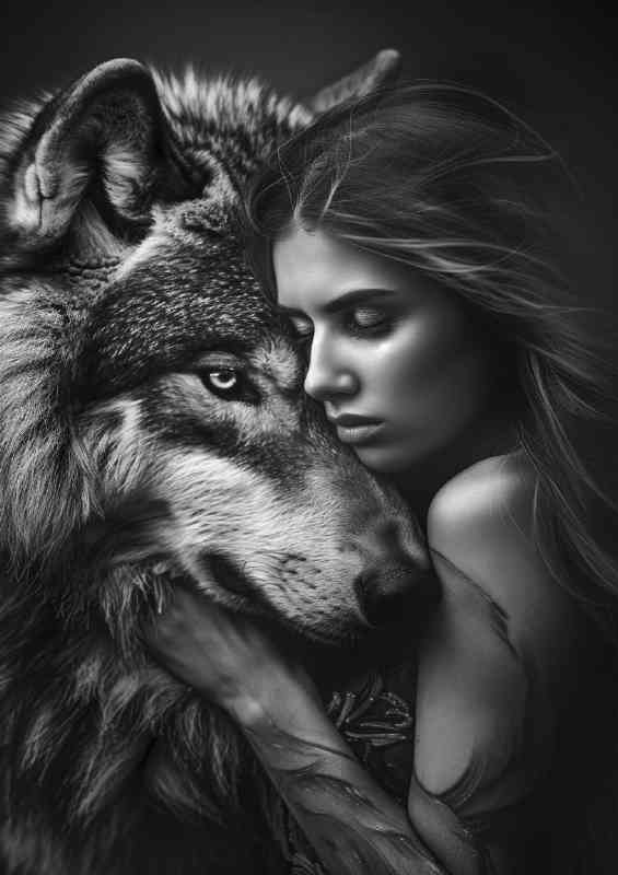 Black and white photo of a beautiful woman and wolf