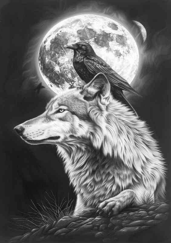 Black and white wolf and the crow full moon