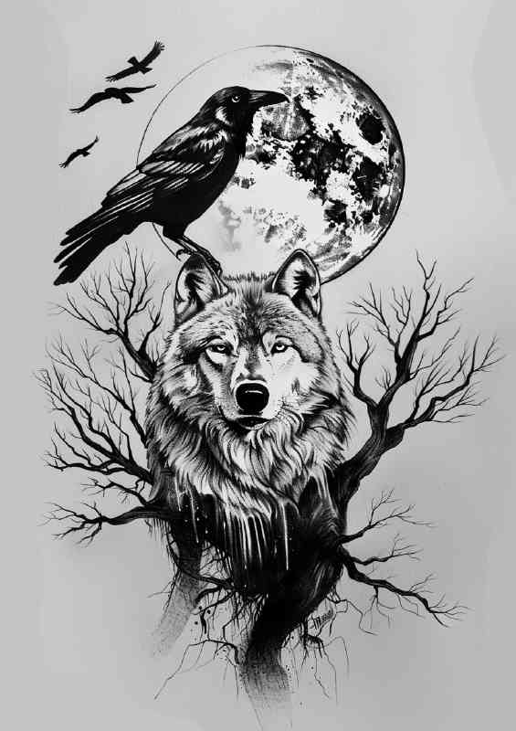 Black and white wolf crow and full moon