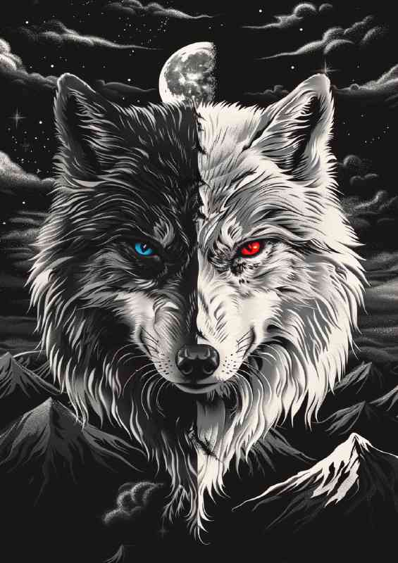Black and white wolf with blue eyes next to gray fox