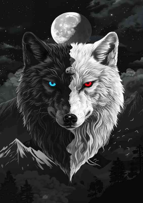Black and white wolf with red and blue eyes