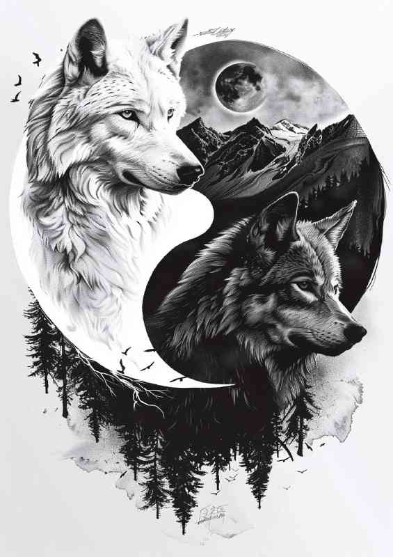 Black and white yin yang symbol with two wolves