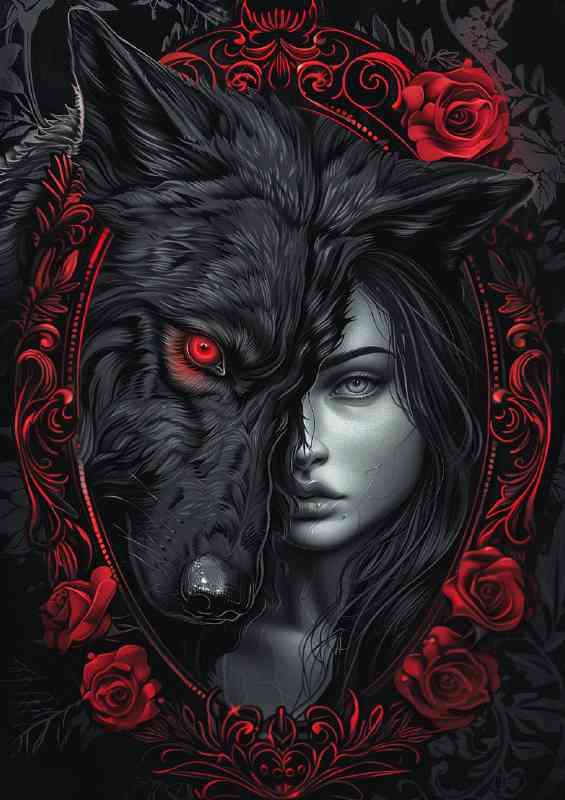 Black wolf and girl in mirror