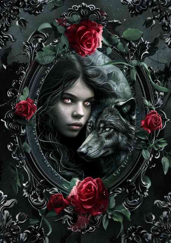 Black wolf and lady surrounded by roses