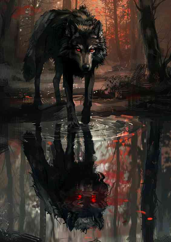 Black wolf red eyes reflection