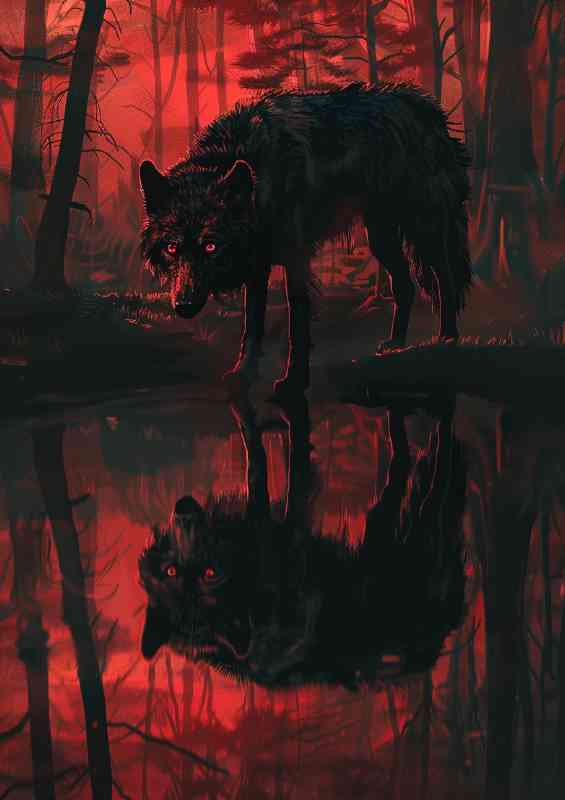 Black wolf red night reflection