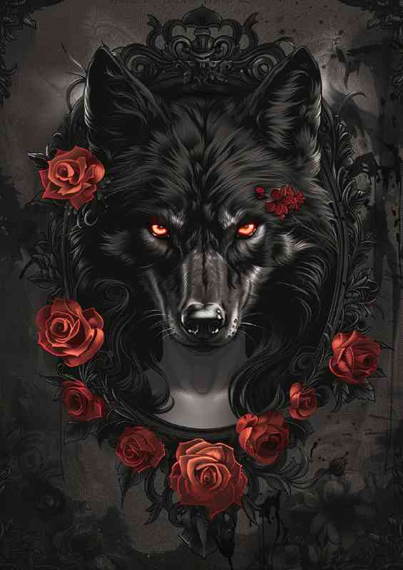 Black wolf surrounded by red roses