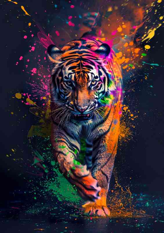 Colorful Tiger running towards the camera