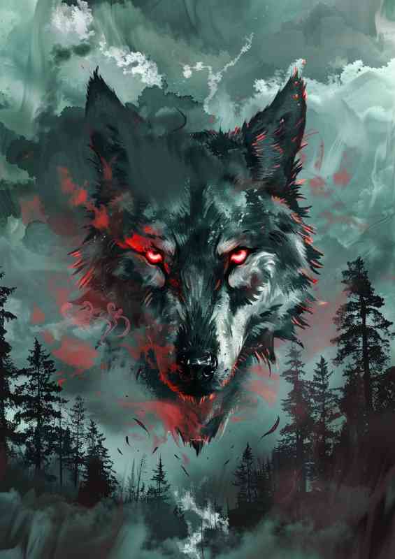Fierce red eyes wold in forest background