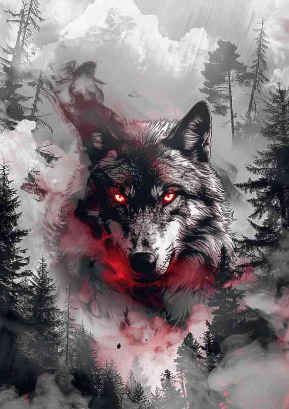 Fierce wolf red eyes smoke and clouds