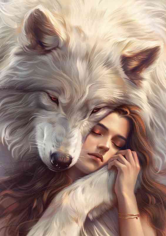 Girl hugs an enormous white wolf