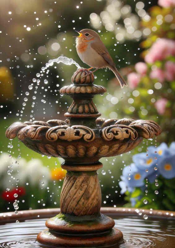 British Songbird Perching on Ornate Fountain