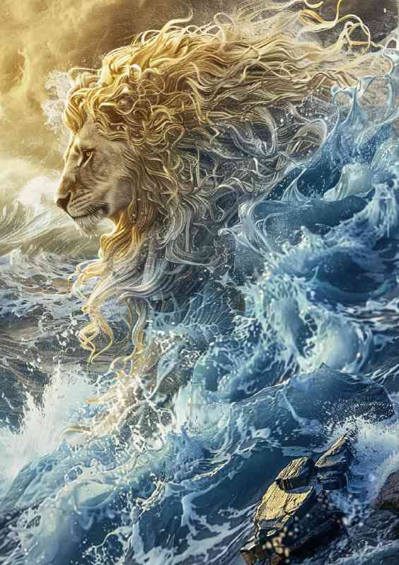 Lion crashing through the waves and rocks