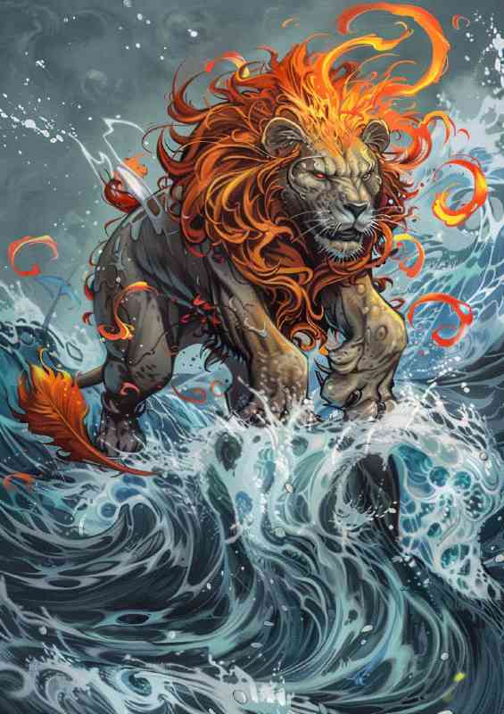 Lion with the firey red mane through water