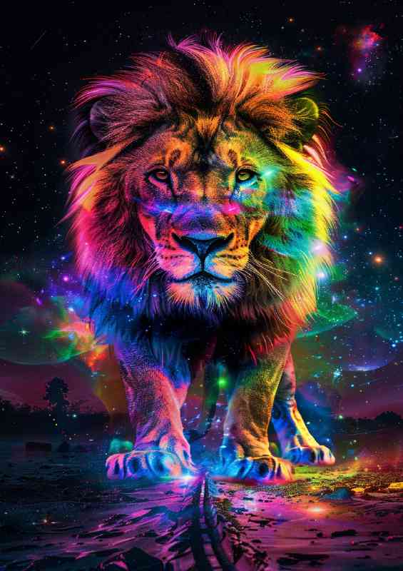 Magestic walking lion in full rainbow colours
