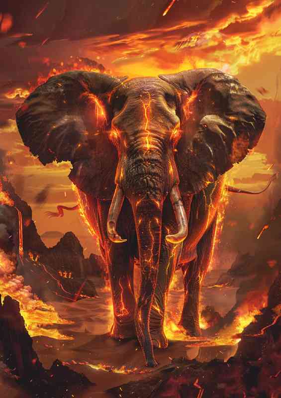 Majestic elephant with red fire skies