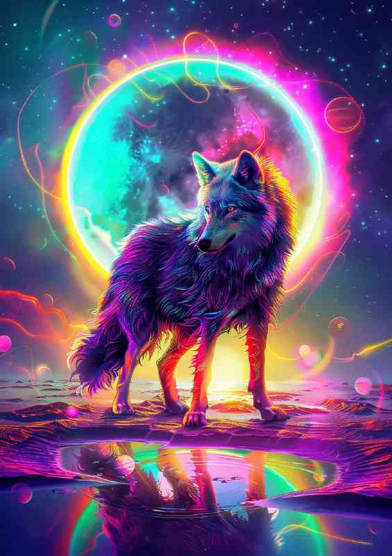 Mystical vibrant wolf with neon moon