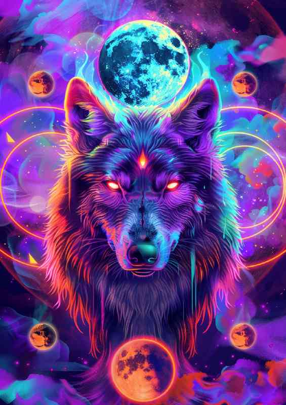 Mystical wolf in full neon colours
