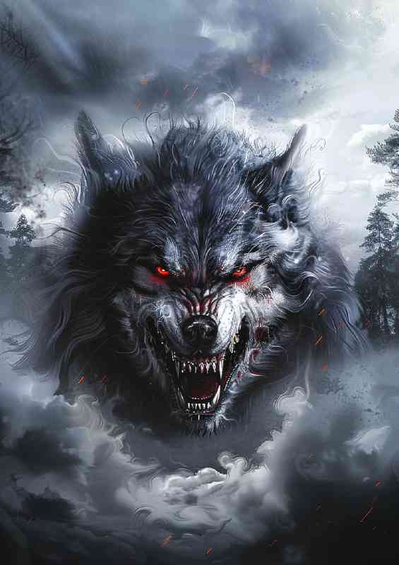 Snarling red eyed wolf
