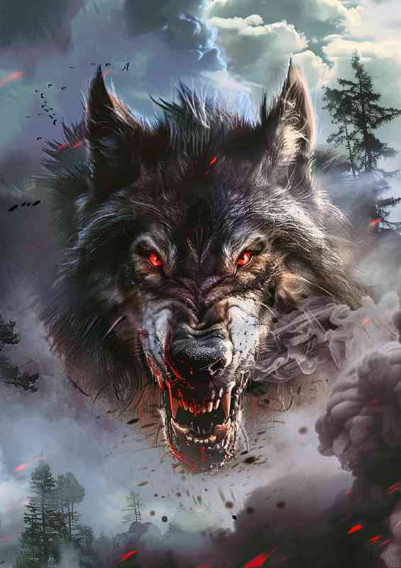 Snarling wolf with red eyes forest and clouds