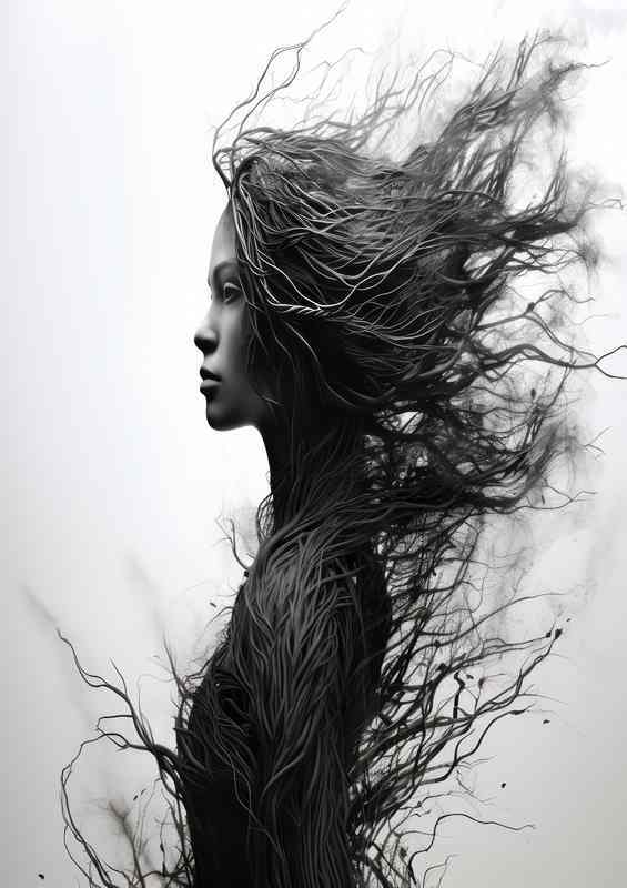 Womans Ethereal Gaze Through Sprouting Branches