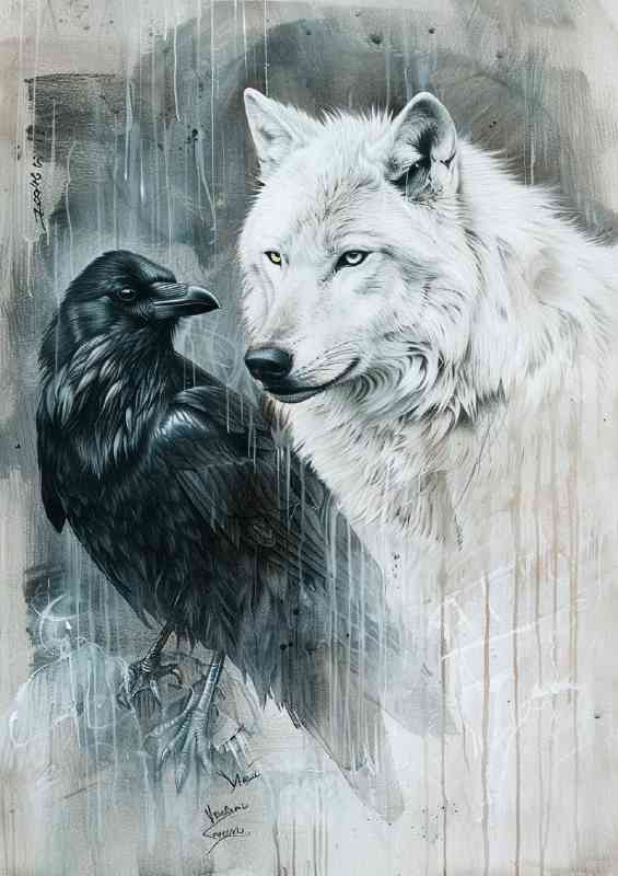 White wolf with black eyes next to the crow