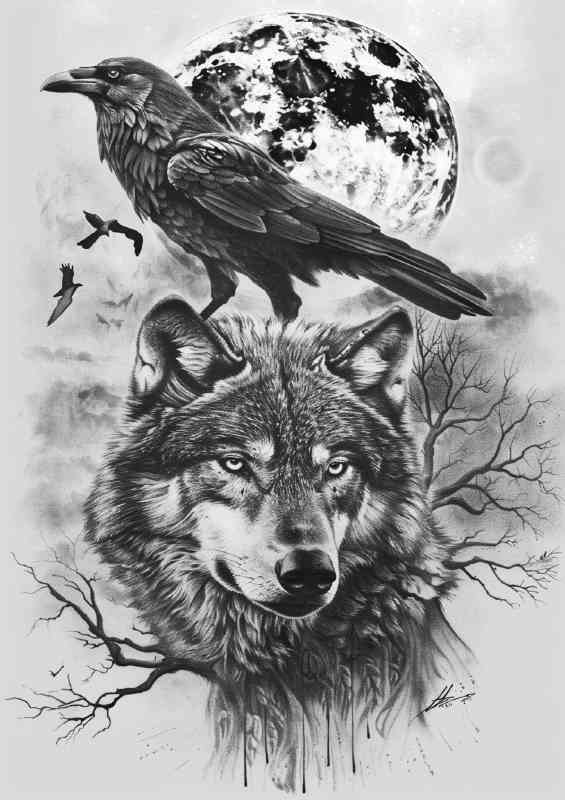 Wolf and the crow full moon black and white