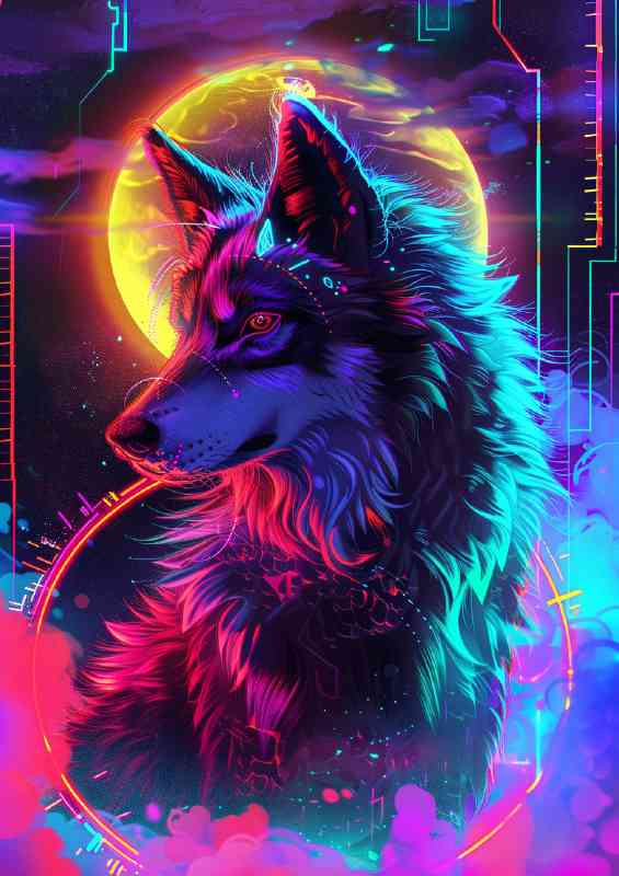 Wolf mystical glowing with neon full colours | Metal Poster