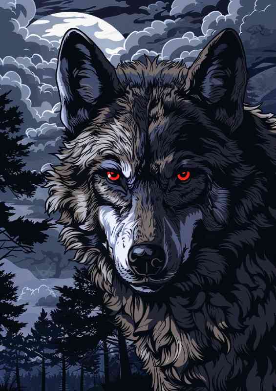 Wolf with piercing red eyes and clouds