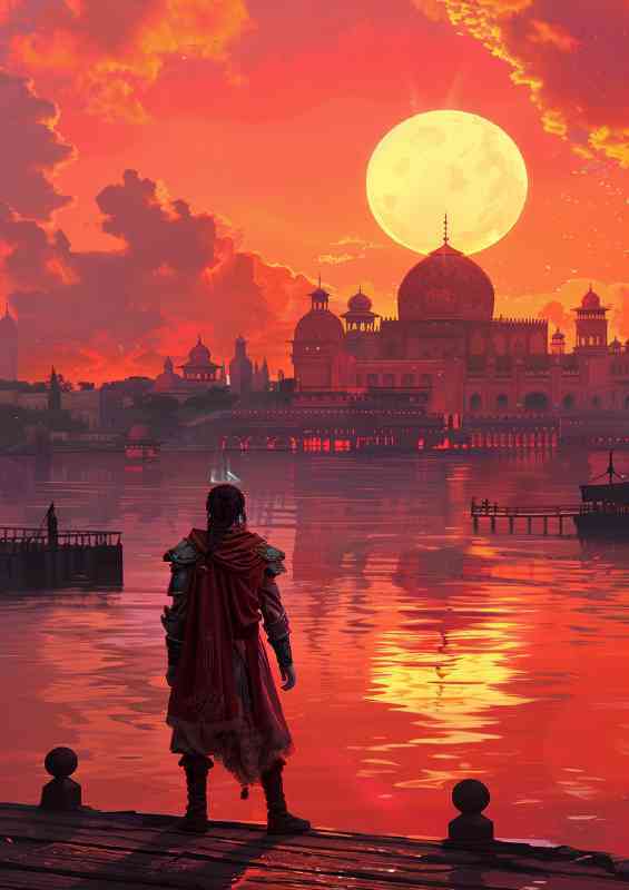 Beautiful red sunset over the lake with an ancient building