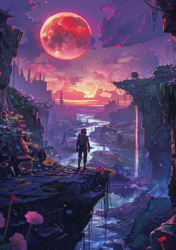 Cyberpunk man in dark walks along the bridge