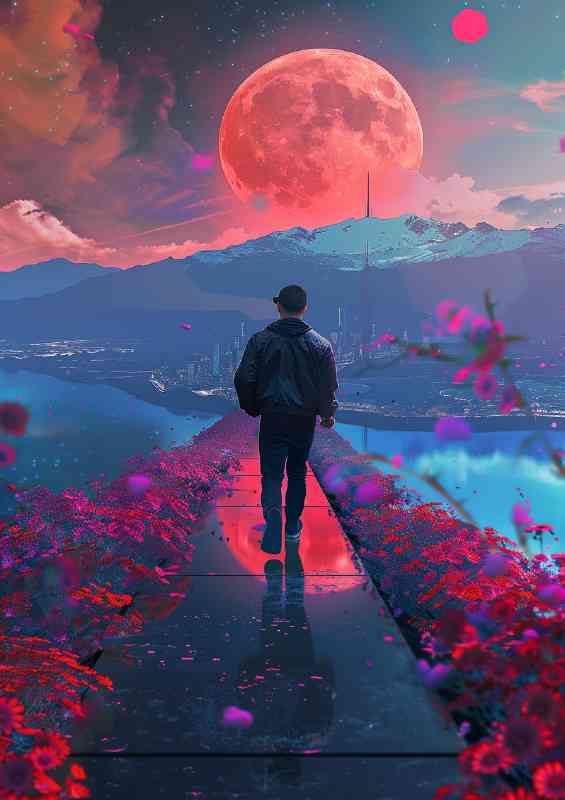 Cyberpunk man walking on his path of life