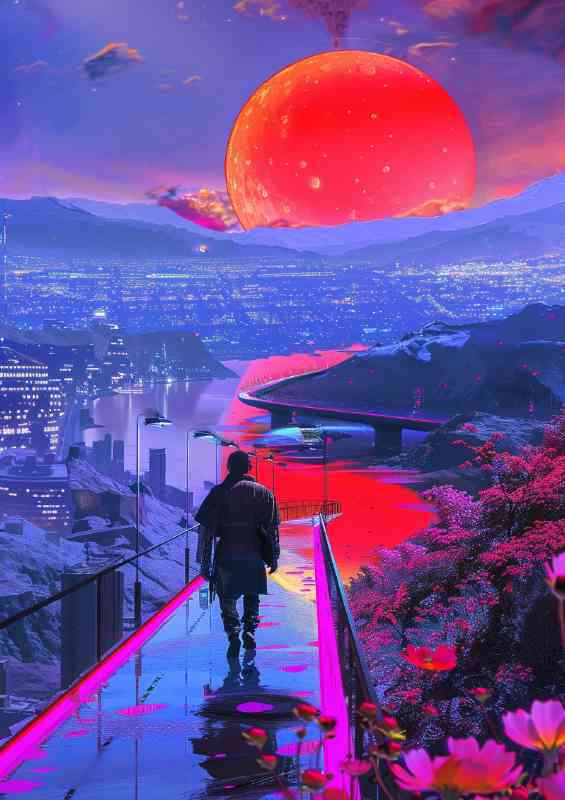 Cyberpunk man walking towards the orange sunset