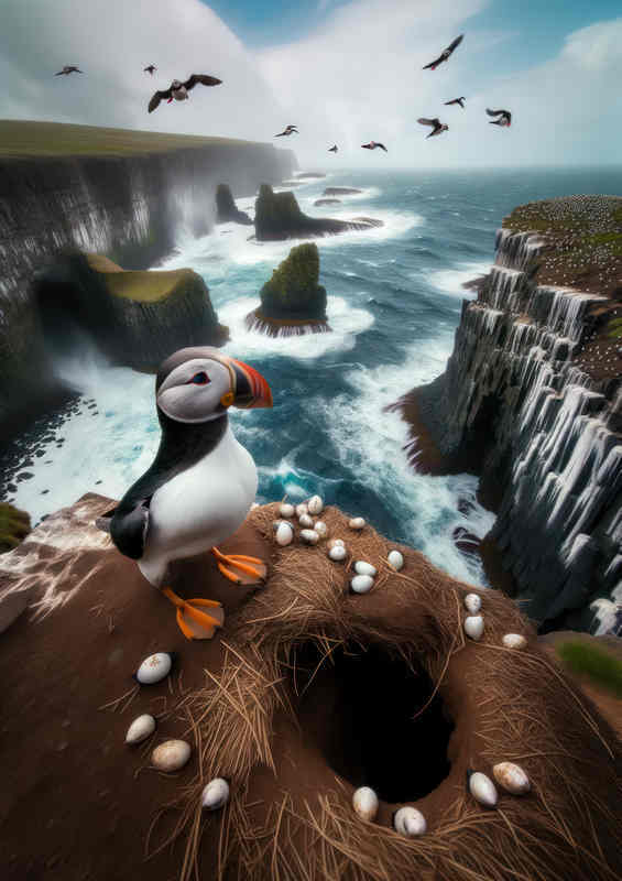 Puffins' Cliffside Nesting Metal Poster