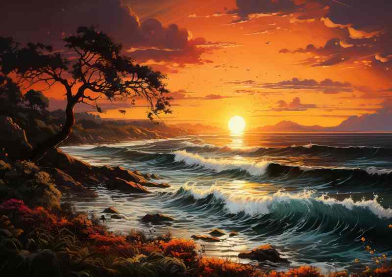 Crimson Tranquility Evening Sun Sets Over Waves