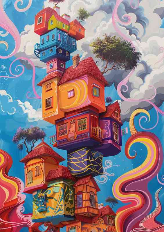 Surreal houses stacked high in the sky