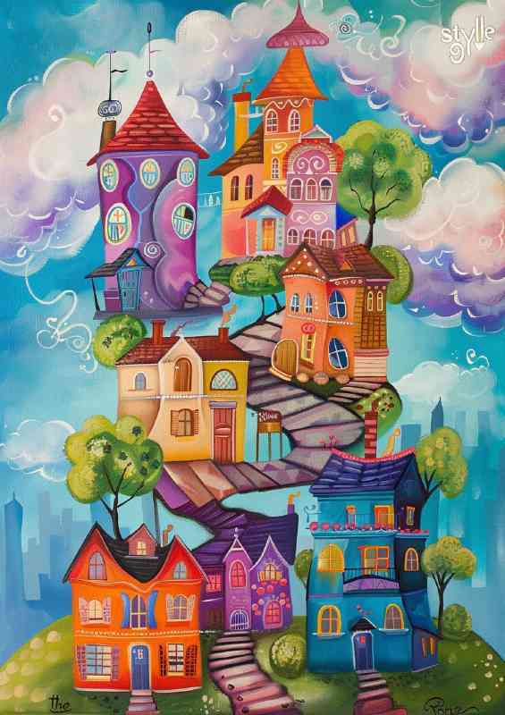 Surreal painted houses high in the sky