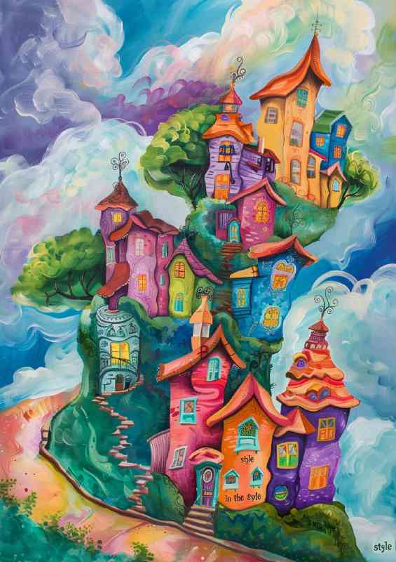 The houses stacked up on the hil surreal painting