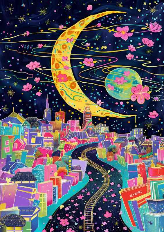 The yellow moon over the bright painted city