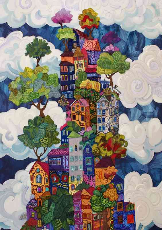 Urban city fantasy houses in clouds