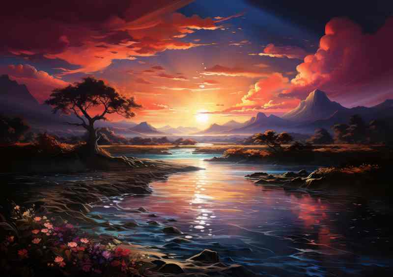 Golden Serenity Sunset Embraces the Calm Lake