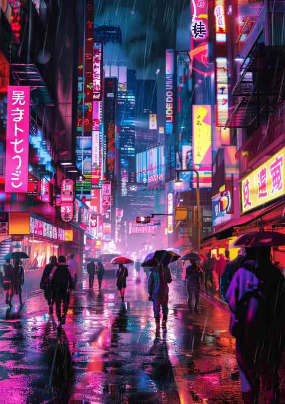 Bustling cyberpunk city street neon signs glowing