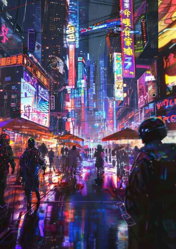 Bustling cyberpunk city street with neon signs