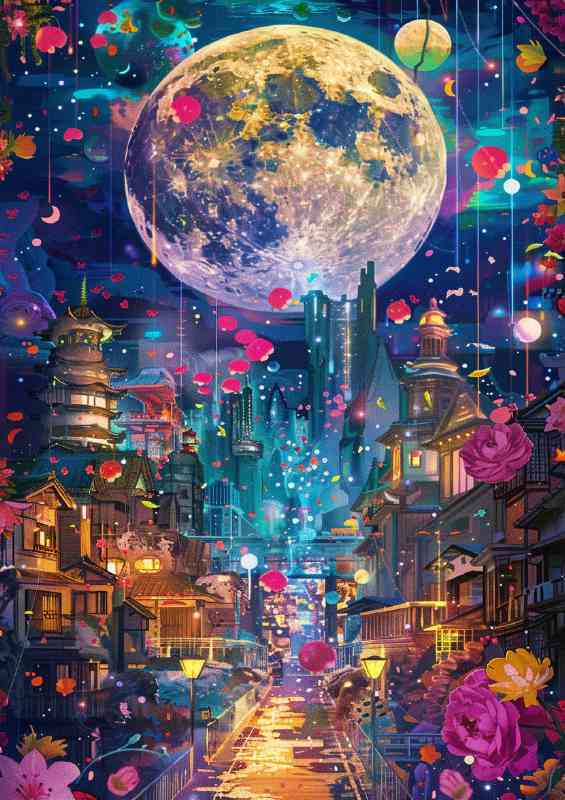 Fantasy full moon with red flowers city