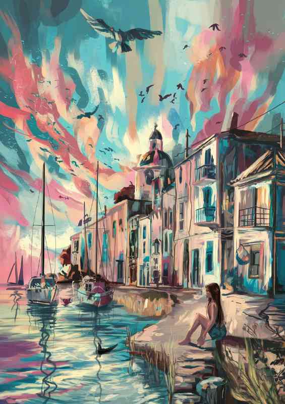 Painted costal town during sunset