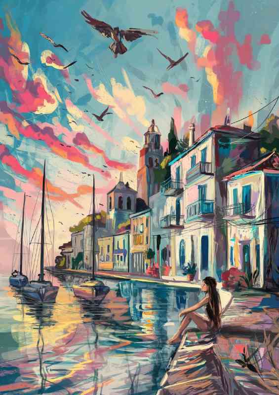 Sunset on a costal town painted style