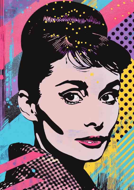A pop art painting of Audrey Hepburn with polka dots