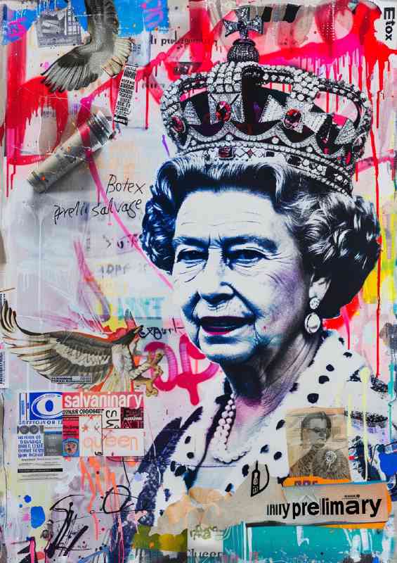 Collage of street art depicting the Queens portrait