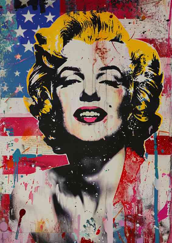 Marilyn Monroe with a USA flag in the background